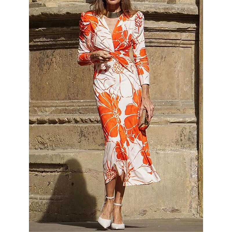 Women's Formal Dress Floral Print V Neck Midi Dress Stylish Formal Wedding Party 3/4 Length Sleeve Summer3