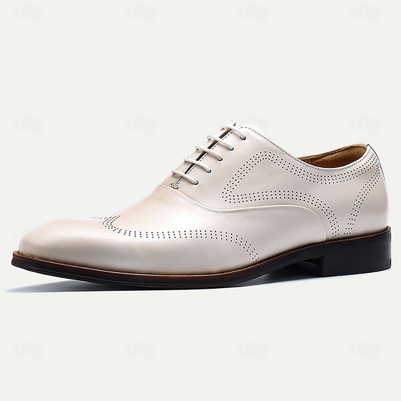 Stylish Men's White Dress Derby Shoes with Brogue Detailing - Ideal for Formal and Business Wear3