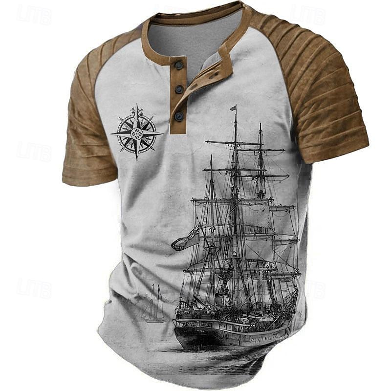 Men's Ship Pirate T shirt Short Sleeve 3D Print Retro Vintage Gothic Party Street Summer Spring Blue Brown Gray Henley Collar Henley T-Shirt4