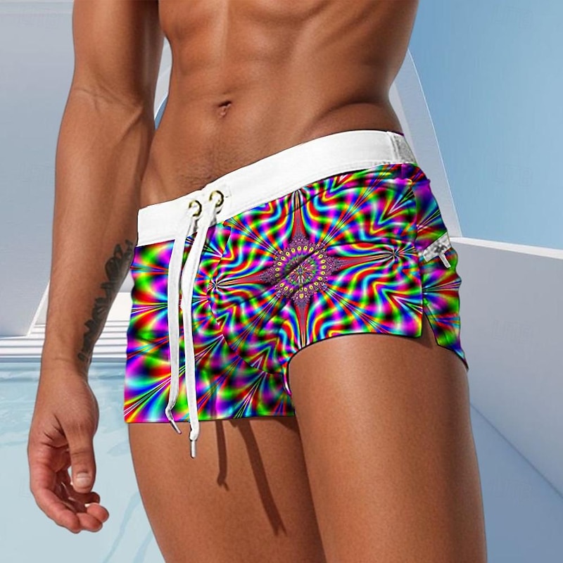 Men's Optical Illusion Geometric Pattern Swim Trunks Swim Shorts Board Shorts Mid Waist Fashion Designer Surfing Holiday Beach Drawstring Pocket Elastic Waist Designer Clothing Apparel
