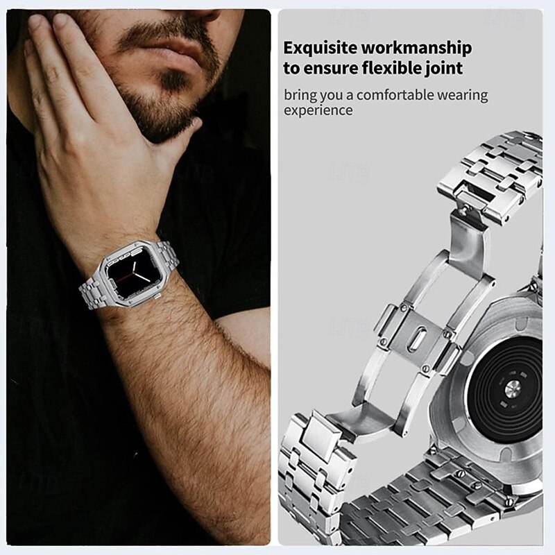 Link Bracelet Compatible with Apple Watch band 44mm 45mm with Case Luxury Butterfly Buckle Stainless Steel Strap Replacement Wristband for iwatch Series 8 7 6 5 4 SE4