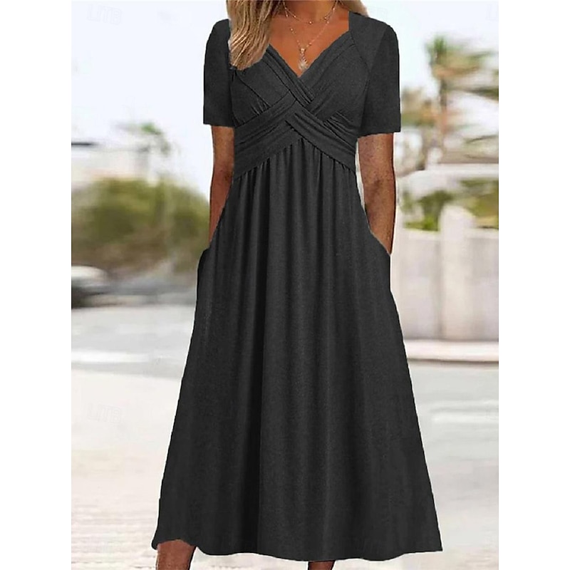 Women's A Line Dress Maxi Dress Pocket Basic Casual V Neck Short Sleeve Black Red Blue Color3