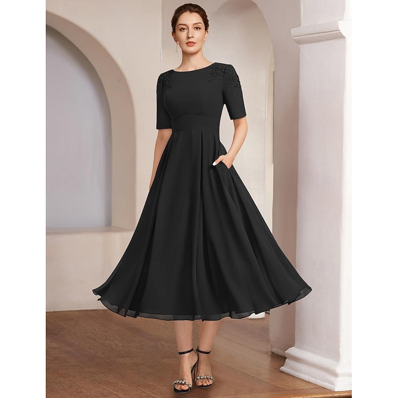 A-Line Mother of the Bride Dress Beach Wedding Formal Elegant Bateau Neck Tea Length Chiffon Half Sleeve with Lace4
