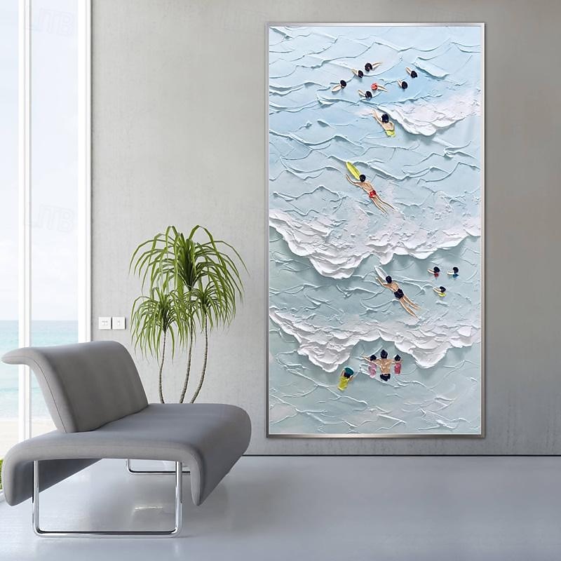 Beachside Sport Joys Ocean Coastal Surfing Art Hand Painted Extra Large Heavy Textured 3D Swimming Art Abstract Painting Home Decor No Frame