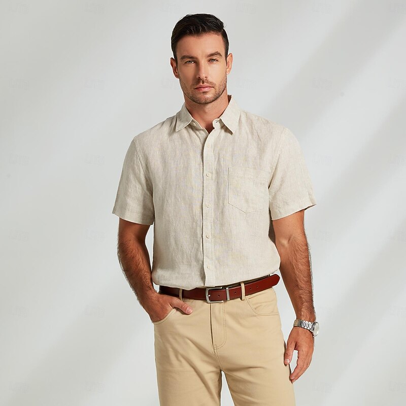 Men's 100% Linen Shirt Casual Shirt khaki Short Sleeve Solid Color Turndown Outdoor Sports & Outdoor Button Clothing Apparel Vacation Neutral Daily Sports & Outdoors2