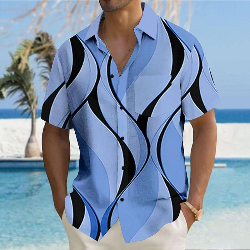 Men's Geometric Lines / Waves Geometric Pattern Button Up Shirt Printed Shirts Short Sleeve Hawaiian Resort Causal Casual Daily Summer Turndown Print Button-Down Black White Blue Khaki2