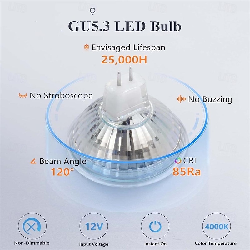 MR16 LED Bulbs GU5.3 Bi-Pin LED Bulbs Base Clear Glass Cover 12V 50W Halogen Equivalent Non-Dimmable 120 Degree Beam Angle 500LM for Landscape Spotlight Track Lights 10 Pcs3