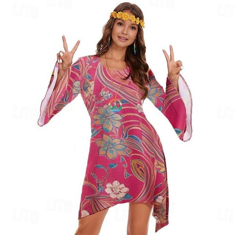 Retro Vintage 1970s 70s Fancy Dress Women Bell Sleeve Hippie Flower / Floral U Neck Fancy Dress Women's Halloween Carnival Masquerade Party Daily Wear Pride Parade Adults' Dress All Seasons