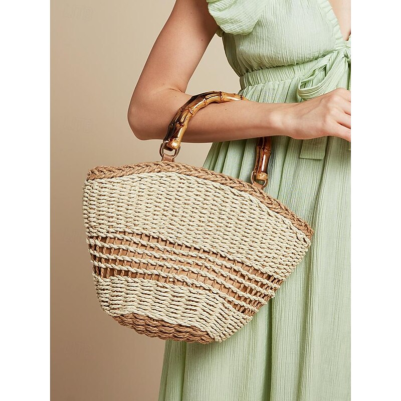 Chic Summer Straw Basket Bag with Bamboo Handle - Versatile Shoulder Strap Woven Purse for Women2