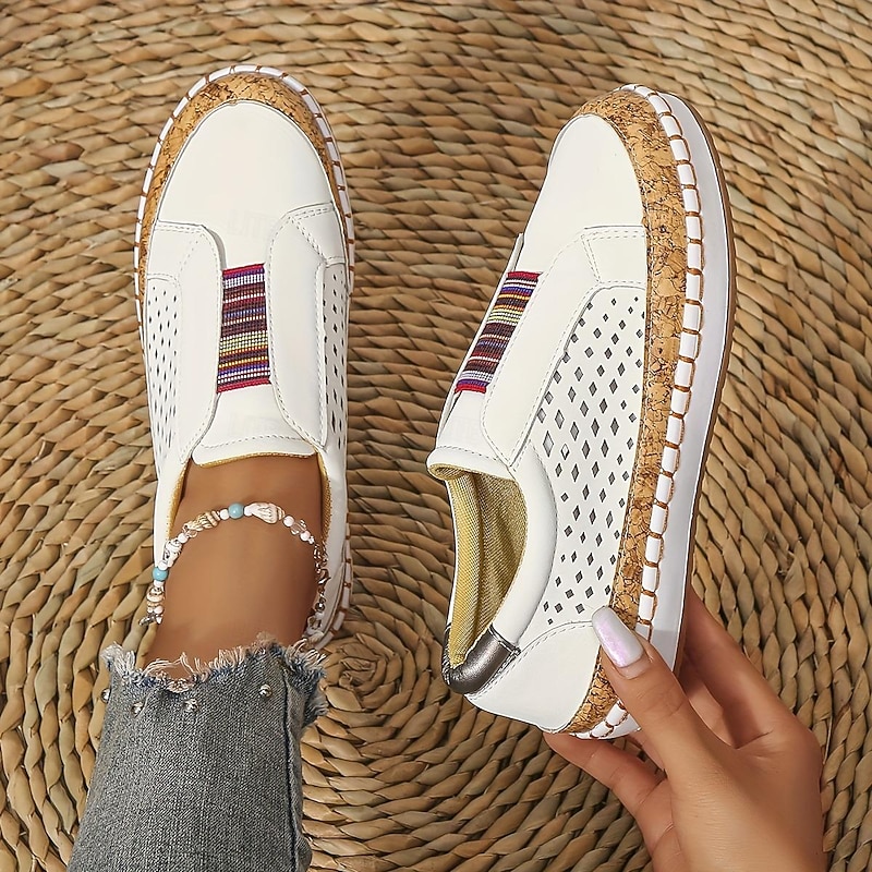 Women's White Slip-On Casual Shoes – Breathable Faux Leather Sneakers with Cork Trim and Elastic Band for Walking, Travel, and Daily Wear3