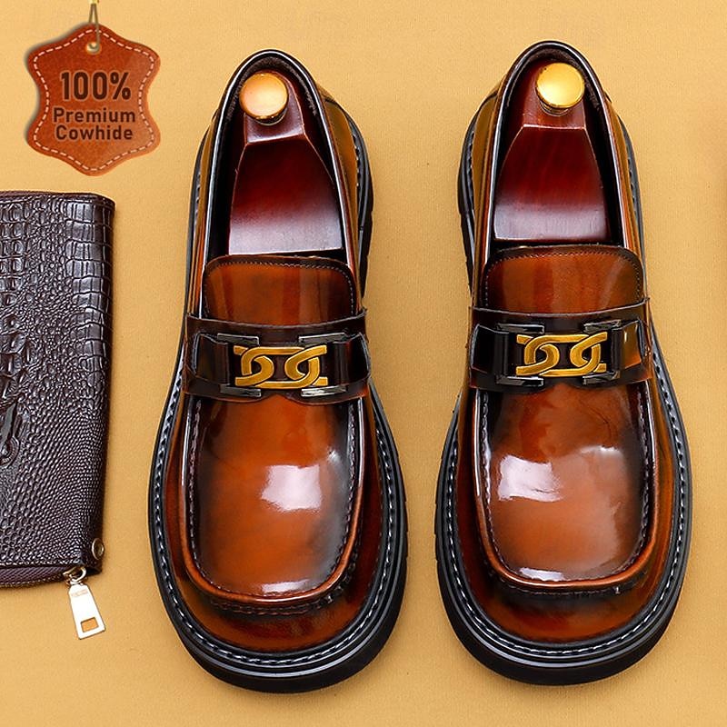 Men's Premium Cowhide Leather Loafers with Gold Chain Detail – Stylish Brown Slip-On Dress Shoes for Formal and Business Wear