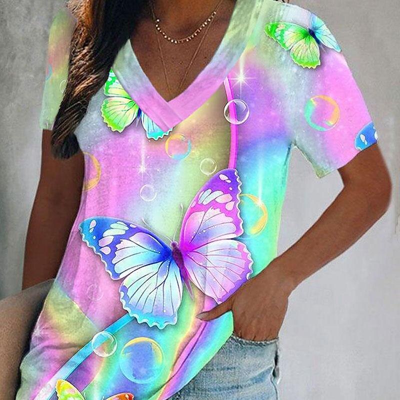 Women's T Shirt Graphic Butterfly Tie Dye Basic Neon & Bright Short Sleeve V Neck Regular Tops Holiday Weekend Print Yellow Pink Blue Green Light Blue3