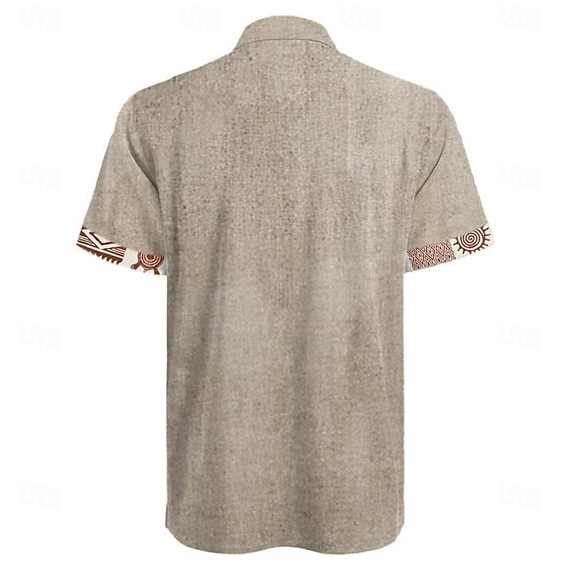 Men's Ethnic Shirt Button Up Shirt Short Sleeve Casual Tribal Vacation Daily Summer Spring Grandad Collar Band Collar Buttons Print Green Khaki Apricot Beige2