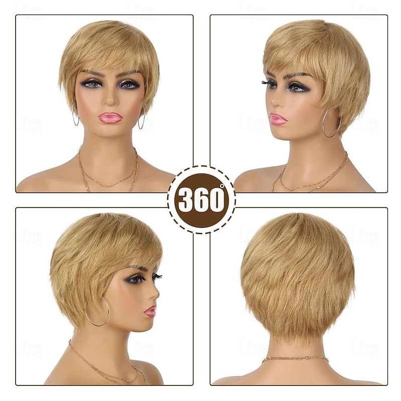 Short Pixie Cut Human Hair Wig with Bangs 150% Density Blonde Layered Wavy Wigs for Women 27#3