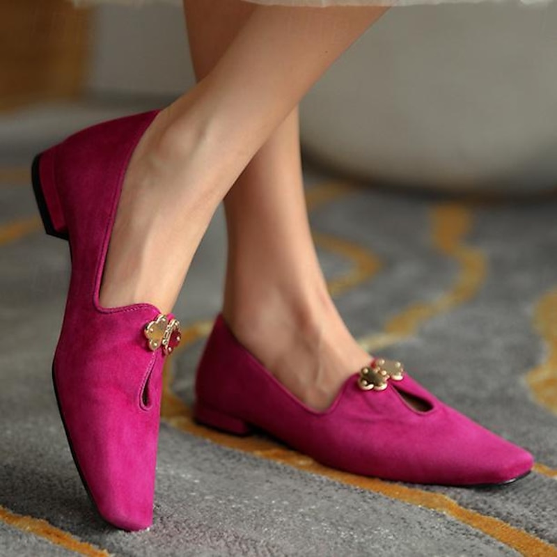 Women's Fuchsia Suede Ballet Flats – Elegant Vintage Style Loafers with Floral Buckle for Office, Tea Party & Daily Wear