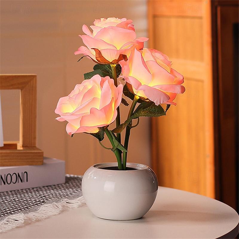 Valentines Flowers Table Lamp, LED 3D Rose Night Light Table Lights Simulation Flower with Vase Table Lamp Ornaments for Home Living  Bedroom Decoration Lamp 1pc