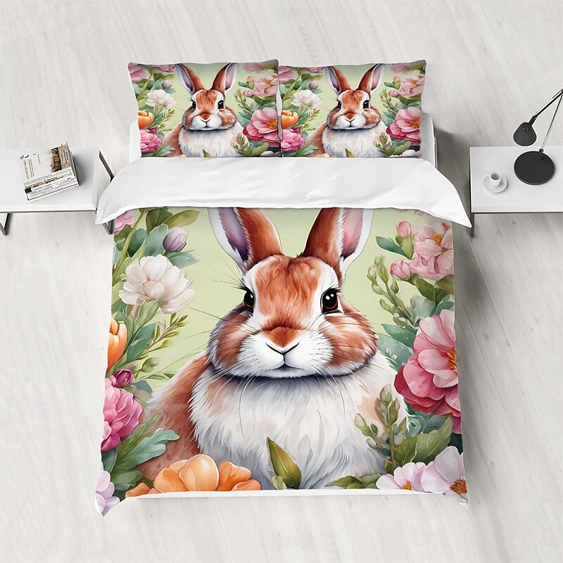 Watercolor Hand-painted Plush Bunny 3-piece set of Down Duvet Covers for Hotel Bedrooms Guest Rooms Luxury Accommodations Bedding Comfort Set 1 Down Duvet Cover 2 Pillowcases3