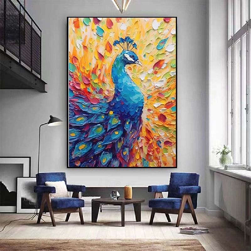 Peacock Painting Bird Art oil painting handmade Colorful Peacock Impasto Artwork Bright Oil painting Wall Art Palette knife Bright Bird 3D Textured Art painting for bedroom office decoration