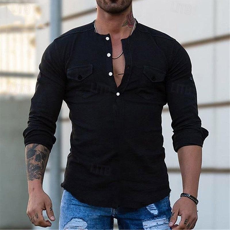 Men's Shirt Chinese Collar Shirt Mandarin Collar Shirt Summer Shirt Casual Shirt Beach Shirt Black Long Sleeve Plain Crew Neck Vacation Hawaiian Button-Down Clothing Apparel Polyester Fashion Casual