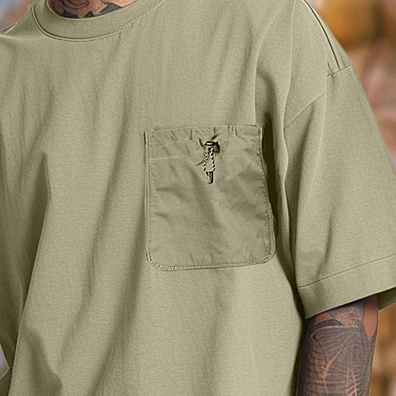 Men's Short Sleeve Shirt Tee Top Short Sleeve Crew Neck Summer Solid Color Daily Street Style Pocket Elastic Drawstring Design Outdoor Street Causal Drak Gray Green Navy Blue Top Tee for Men3