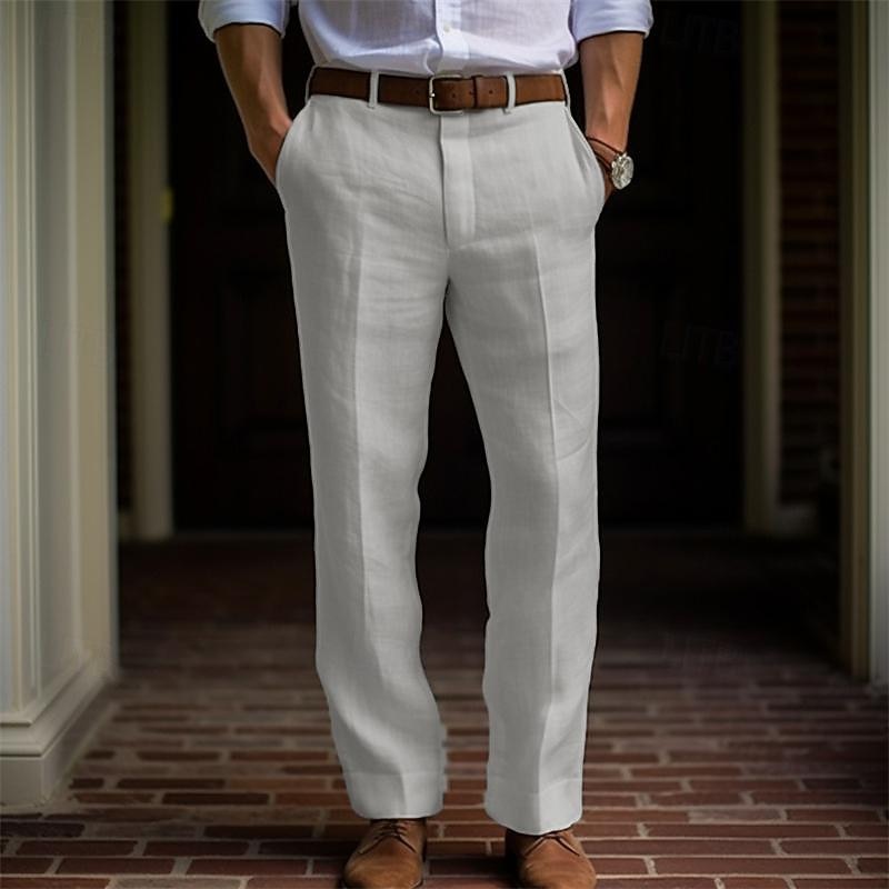 Men's Linen Pants Trousers Dress Pants Summer Pants Buttons Front Pocket Straight Leg Plain Comfort Breathable Casual Daily Holiday Fashion Basic Black White3