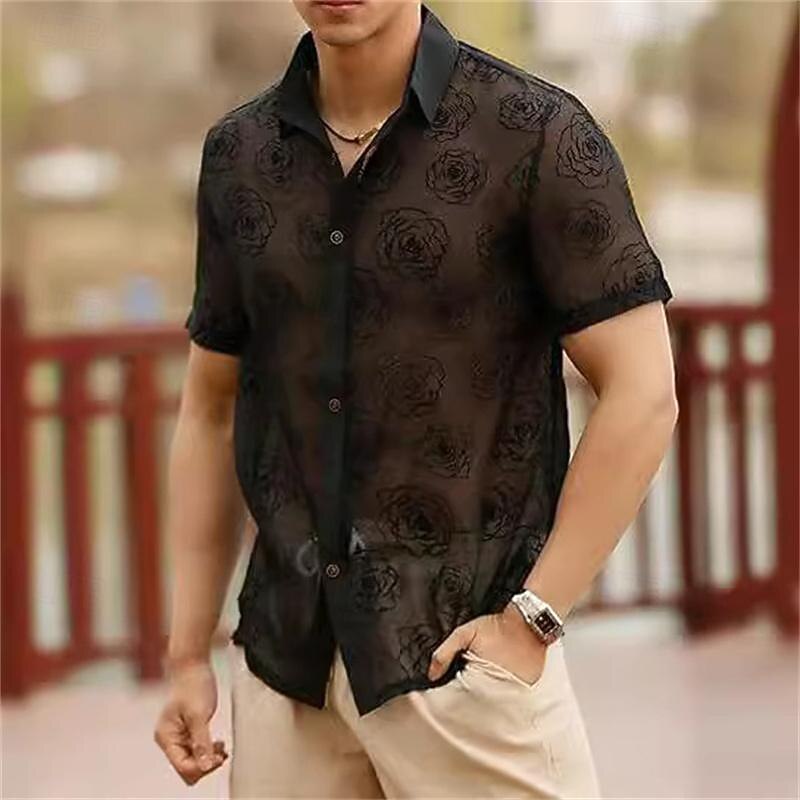 Men's Shirt Summer Shirt Mesh Shirt Sheer Shirt Sheer Blouse Black Short Sleeve Rose Plain Turndown Vacation Hawaiian Mesh Clothing Apparel Polyester Fashion Casual Comfortable2