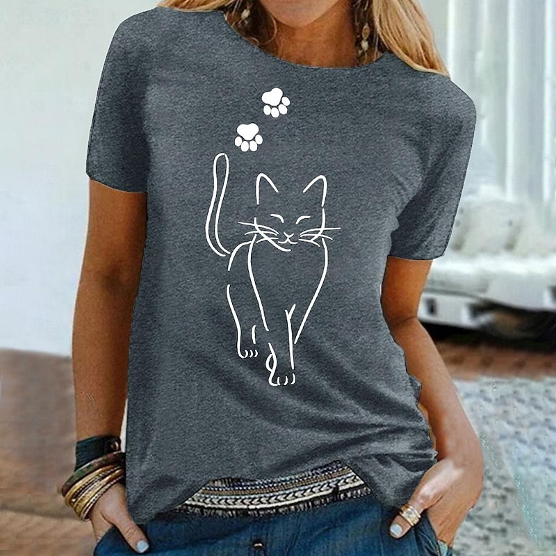 Women's T Shirt Cat Basic Short Sleeve Round Neck Regular Tops Casual Weekend Print Black White Gray 8