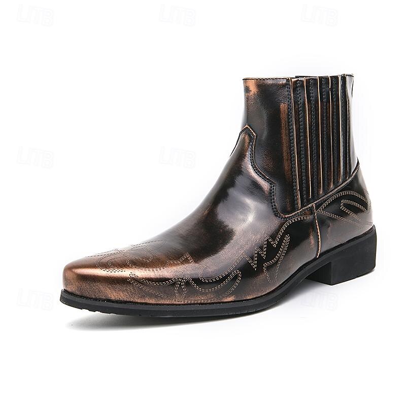 Men's Vintage Bronze Faux Leather Ankle Boots with Western Stitching, Stylish and Durable for Casual and Dressy Occasions4