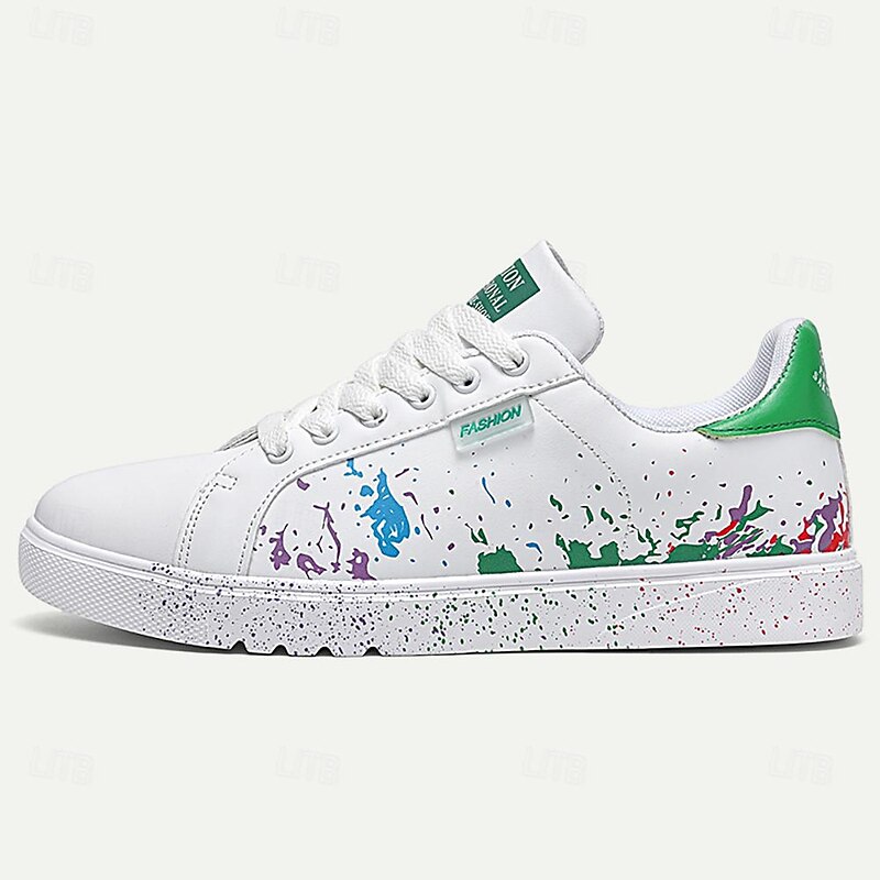 Men's Casual White Sneakers with Color Splash Design - Comfortable Fashionable Low-Top Lace-Up Shoes4