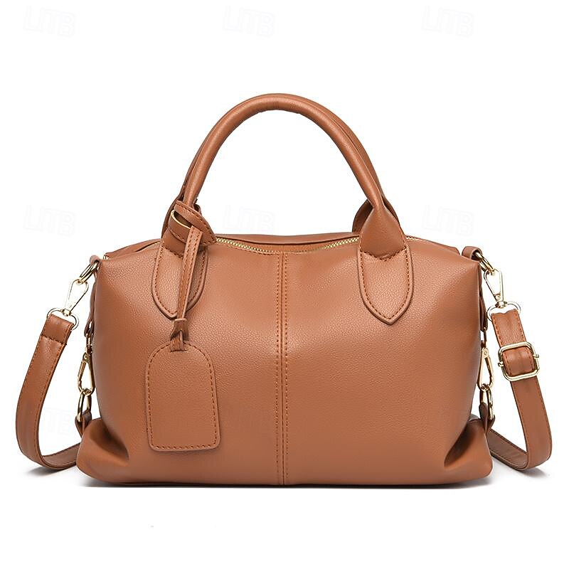 Women's Brown Faux Leather Satchel Handbag with Top Handles and Adjustable Strap, Minimalist Office Shoulder Bag for Work, Travel, and Daily Use