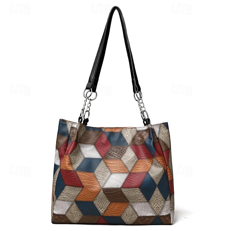 Women's Shoulder Bag PU Leather Shopping Holiday Zipper Large Capacity Geometric Black2