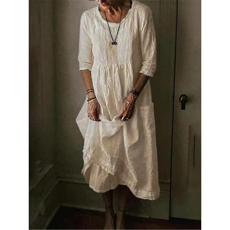 Women's Black Blue Green Summer Spring Midi Dress Linen-Inspired Dresses Casual Dress Cotton Linen Dress Basic Modern Daily Weekend Loose Fit Plain Crew Neck3
