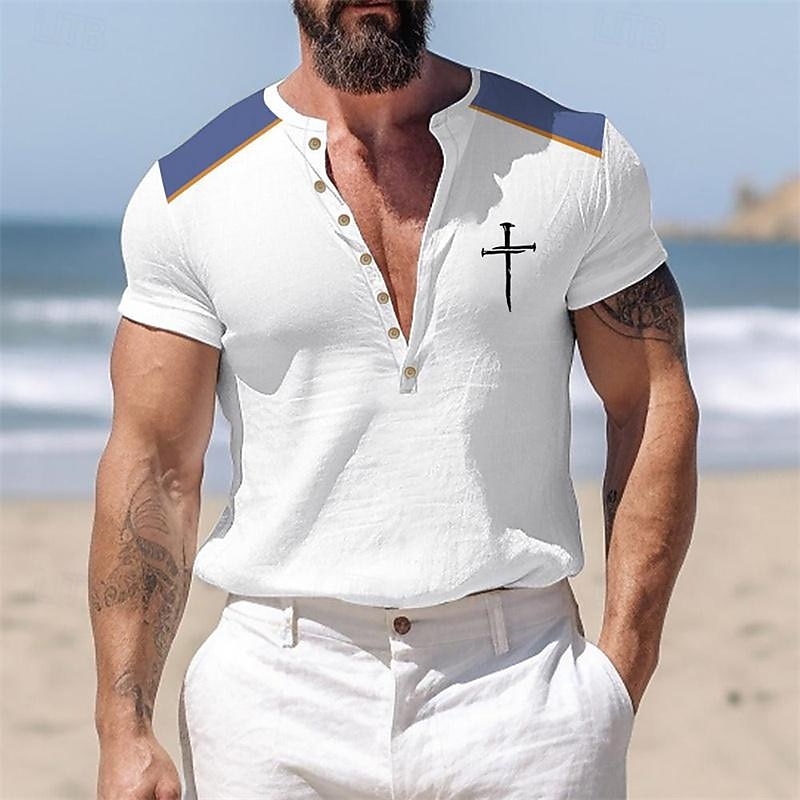 Men's Button T Shirt T Shirt Henley Shirt Tee Short Sleeve Henley Spring & Summer Color Block Cross Faith Fashion Designer Basic Patchwork Vacation Street Going out White Royal Blue-White Sky Blue2