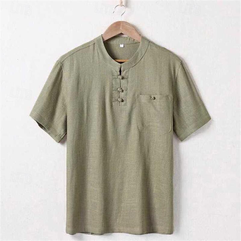 Men's Button T Shirt Linen Shirt T Shirt Henley Shirt Short Sleeve Henley Spring & Summer Plain Fashion Designer Basic Front Pocket Vacation Street Going out Navy Blue Light Grey Army Green Top Tee3