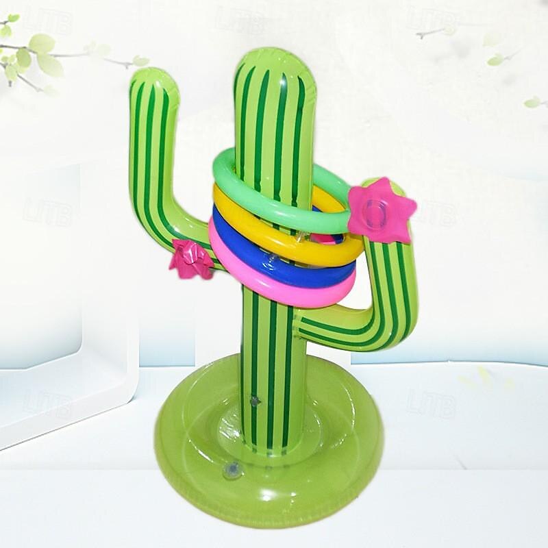 Inflatable Ring Toss Game Set Target Toss Floating Swimming Ring Toss Includes Inflatable Cactus,4 Color Rings for Fiesta Party Accessories Hawaiian Pool Beach Party Decoration Supplies