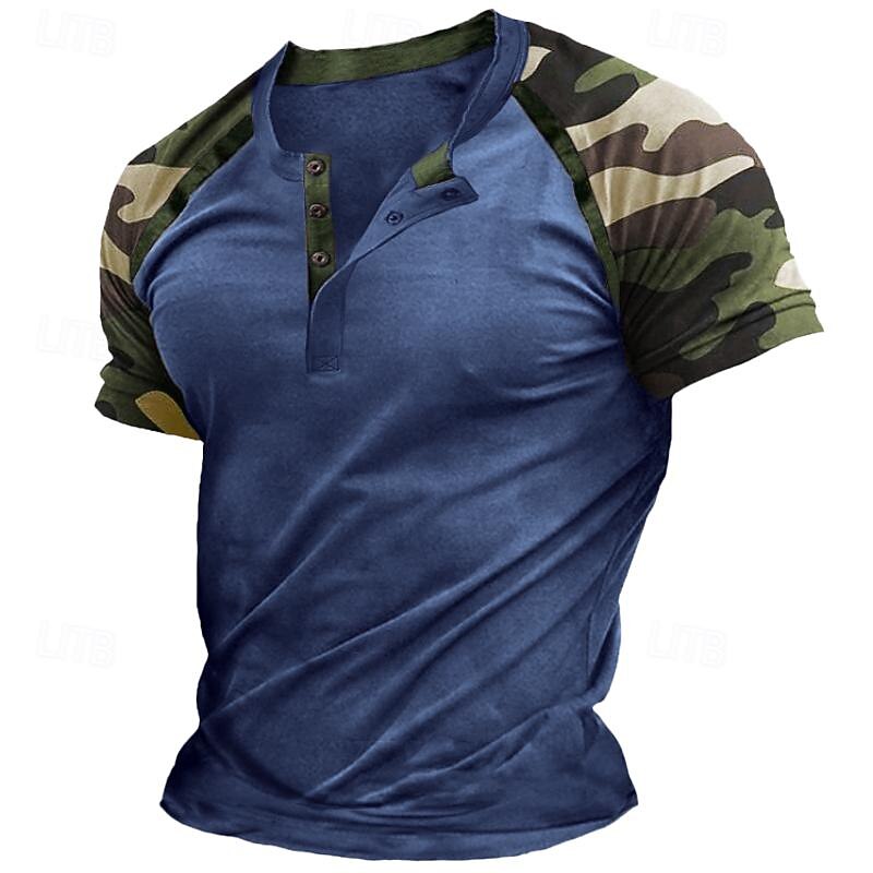 Men's Henley Shirt Tee Top Short Sleeve Color Block Fashion Designer Comfortable Buttons Henley Outdoor Casual Daily Summer Army Green Blue Grey Henley T-Shirt3