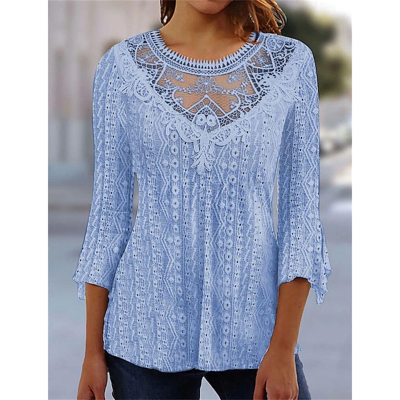 Shirt Blouse Dressy Tops Women's Black White Pink Plain Lace Street Daily Fashion Round Neck Regular Fit S