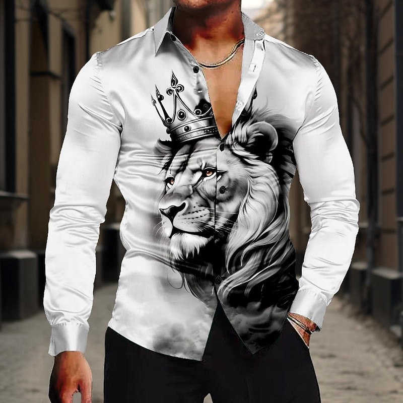 Men's Lion King Shirt Button Up Shirt Long Sleeve Casual Formal Summer Spring Fall Turndown Buttons Print White Yellow Blue Gray3