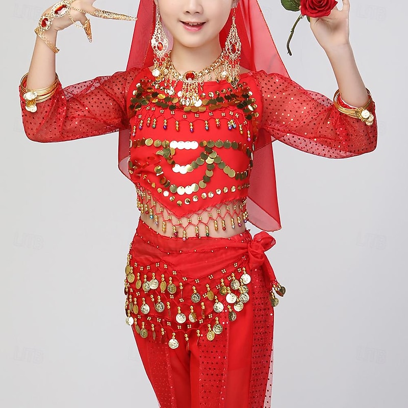 Belly Dance Kids' Dancewear Top Pure Color Splicing Tulle Girls' Performance Training 3/4 Length Sleeve High Polyester4
