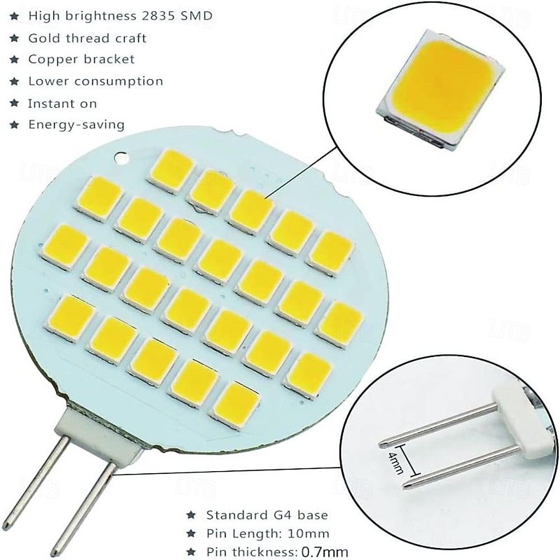 G4 LED Bulbs 2W, 24-2835 SMD, AC/DC 12V-24V, Super Bright Halogen 20W Replacement, Natural Cool White for RV, Camper, Cabinet & Boat (10pcs)4