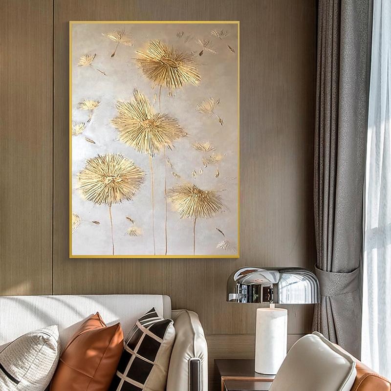 Handpainted 3 D Gold Foil Dandelion Painting Gold Accent Painting Home Accent Piece Statement Painting Hotel Wall Painting Gold Leaf Wildflower Painting Rolled Canvas (No Frame)2