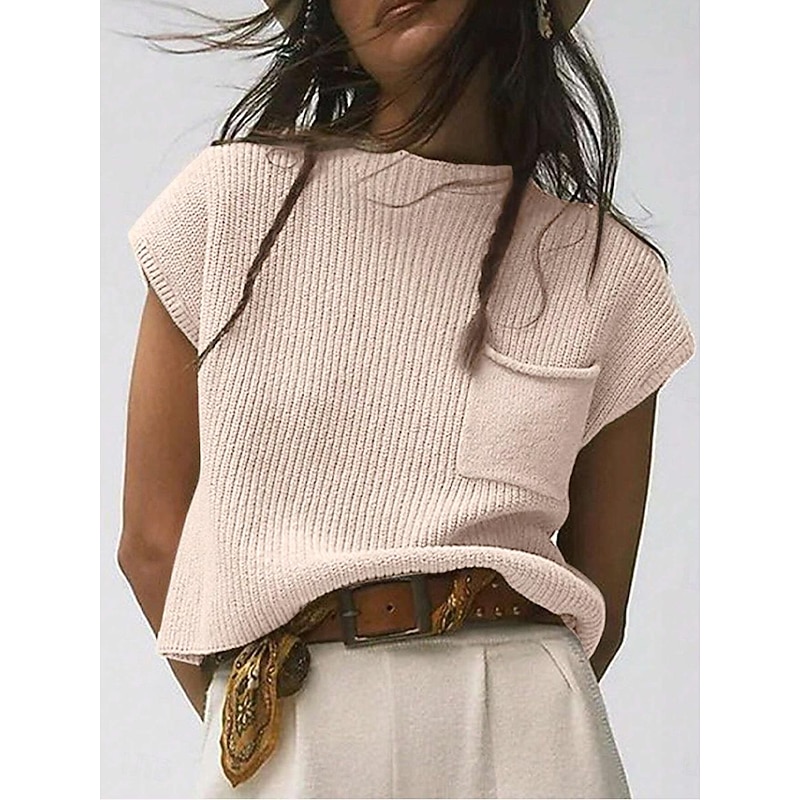 Women's Sweater Vest Elegant Casual Solid Color Ribbed Turtleneck Pocket Short Sleeves Regular Tops Knit Work Black Army Green Summer