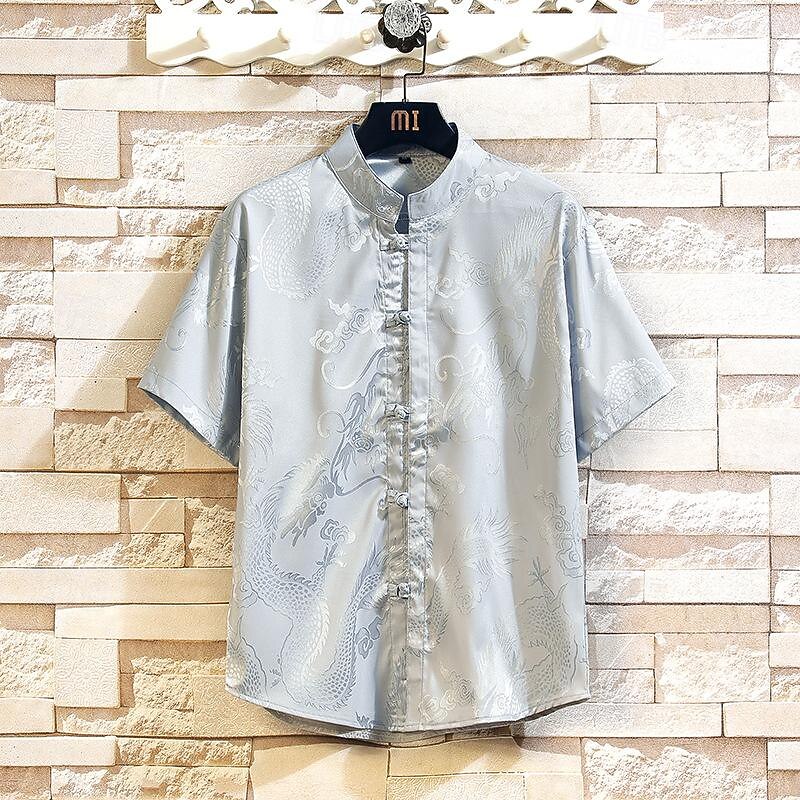 Men's Shirt Chinese Collar Shirt Mandarin Collar Shirt Summer Shirt Casual Shirt Button Up Shirt Black White Red Gray Short Sleeve Plain Mandarin Collar Vacation Holiday Clothing Apparel Fashion3