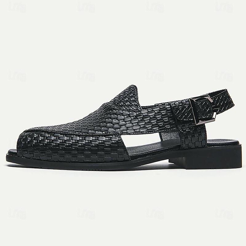 Men's Black Woven Leather Sandals - Stylish Open-Toe Slingback Shoes with Buckle Strap4