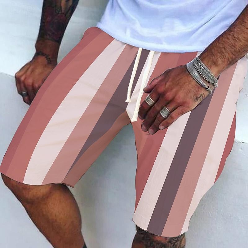 Men's Summer Shorts Beach Shorts Pocket Drawstring Elastic Waist Stripe Comfort Breathable Knee Length Holiday Vacation Beach Hawaiian Boho Red Navy Blue2