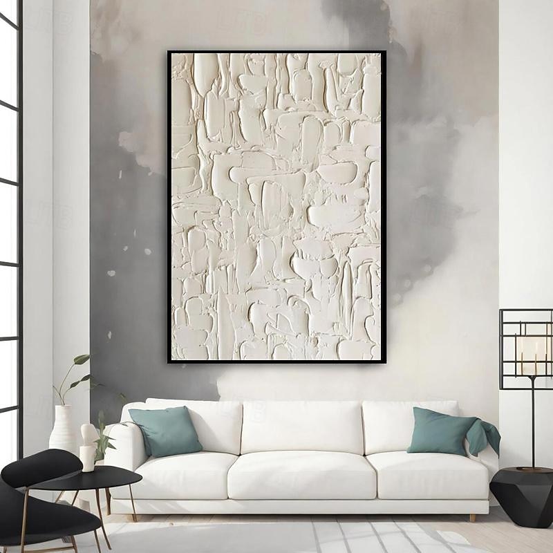 3D Framed Hand painted Textured Wall Art White Minimalist Painting on Canvas WabiSabi Trendy Home Decor Living Room Wall Art Modern Painting Readying to Hanging4