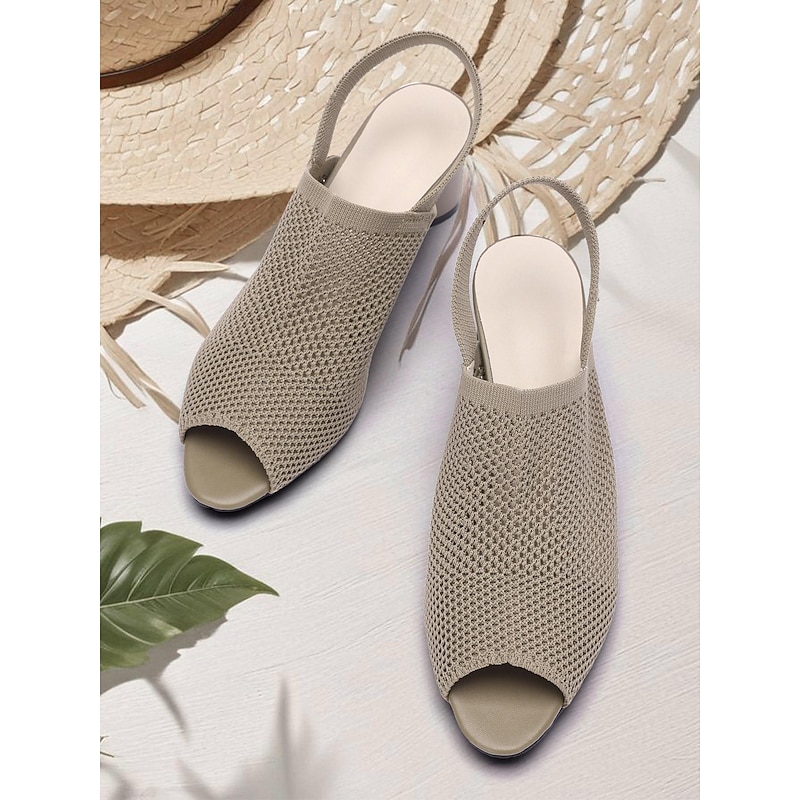 Women's Beige Peep Toe Slingback Heels - Stylish Knitted Block Heel Sandals
