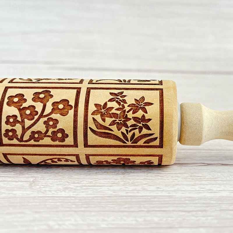 Rolling Pin Embossed Bouquet Of Flowers Textured Cookies Shortbread Christmas Gift Clay Roller Pottery Stamp3
