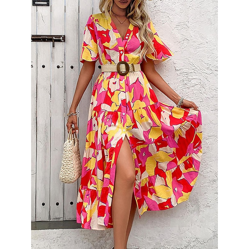 Women's Color Block Button Belted V Neck Ruffle Sleeve Maxi Dress Stylish Daily Short Sleeve Summer4