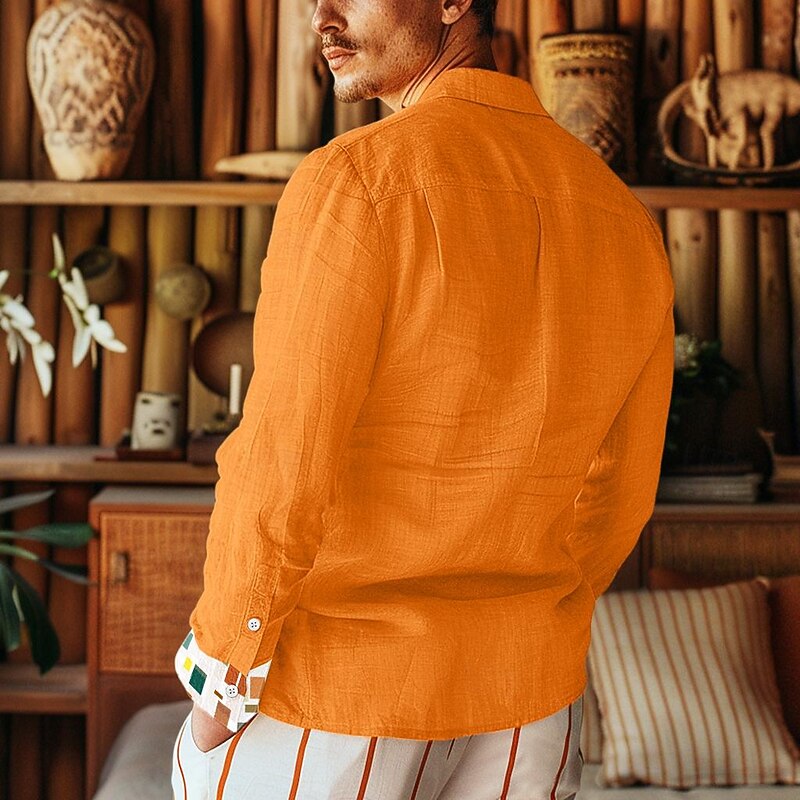 Men's Patchwork Shirt Linen Shirt Summer Shirt Long Sleeve Basic Casual Beach Street Holiday Daily Wear Summer Fold-over Collar Orange2
